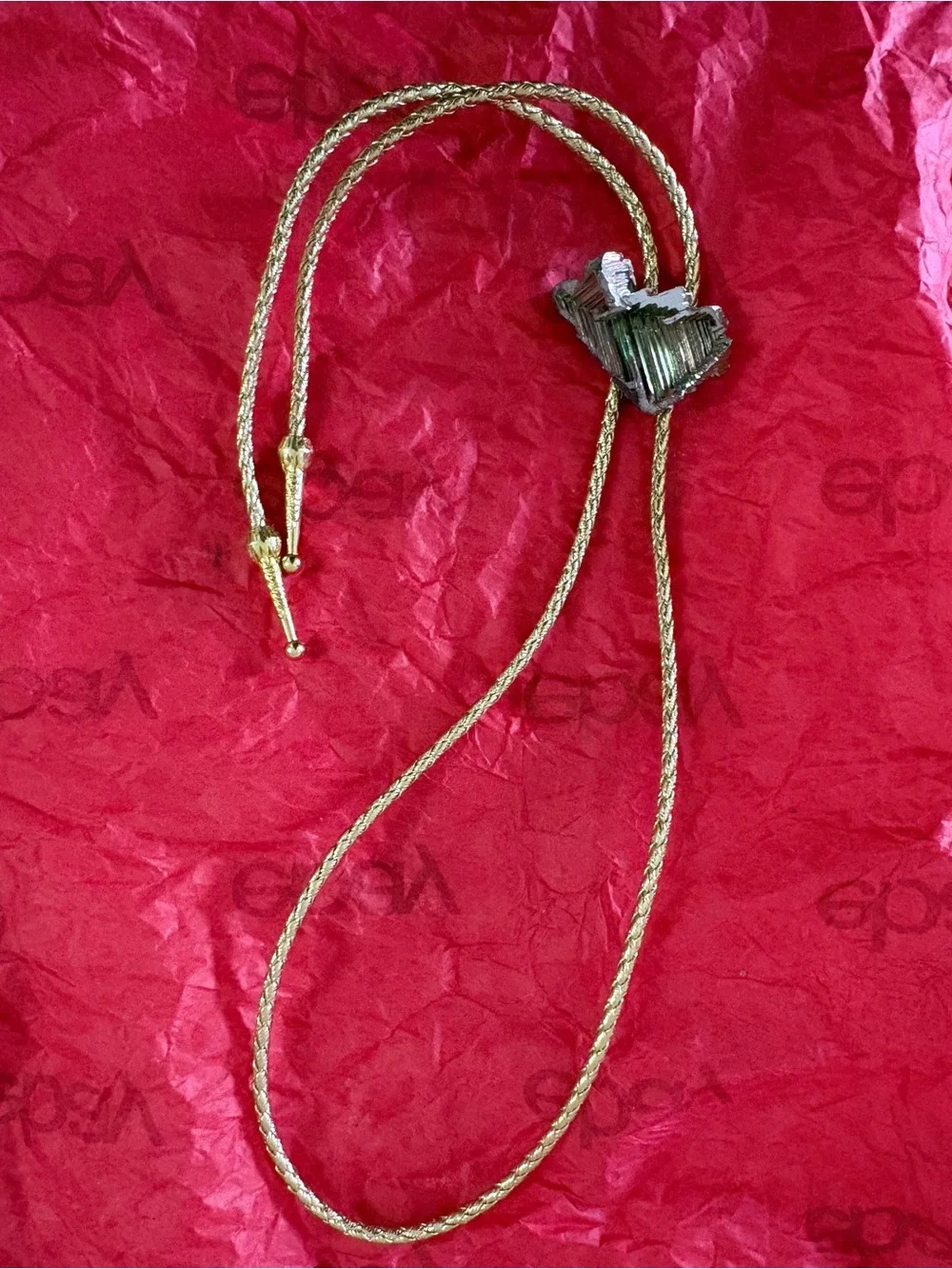 Iridescent Green Bismuth Bolo Tie with Gold Cord